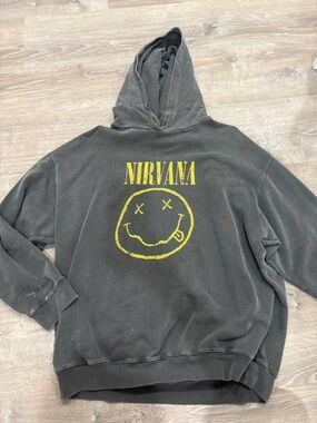 NIRVANA Heavyweight Distressed Hoodie with Yellow Smiley Logo